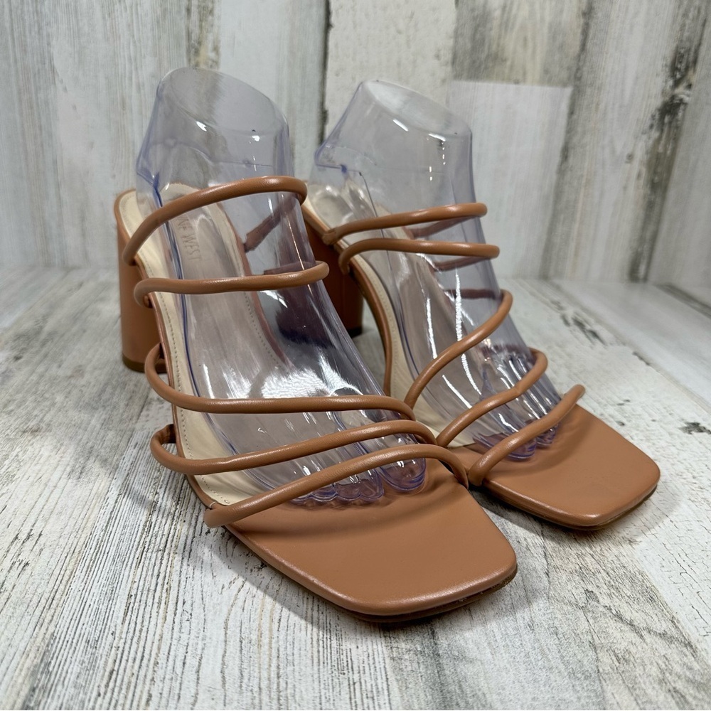 New Nine West Getcha 3 Heeled Brown Leather Block Heel Summer Sandals #498 - Picture 6 of 10
